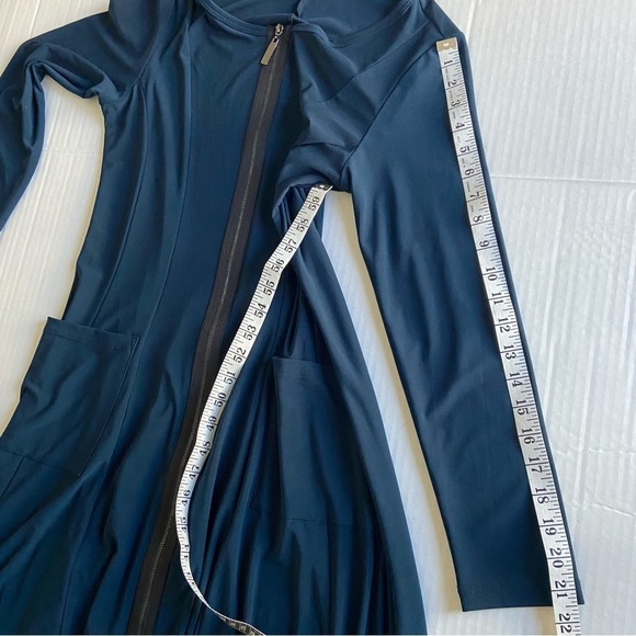 Sun Kim Comfy USA Blue Stretch Jersey Dress Size XS Zip Front Lantern Balloon - Picture 14 of 15